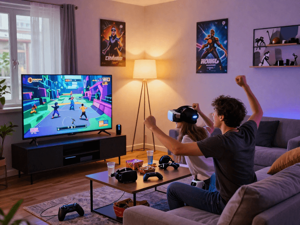 Couple playing engaging porn games in a vibrant living room.