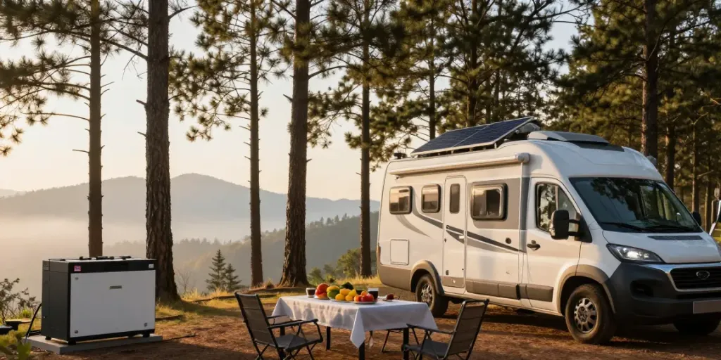 Lithium RV batteries displayed at a scenic campsite, featuring a modern camper van and solar panels under morning light.