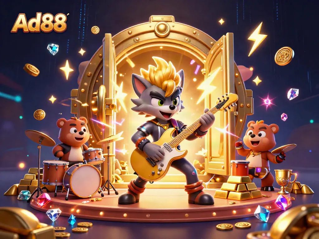 Experience epic gaming at Ad88 with a rock star wolf and drummer bear on stage, surrounded by treasures.