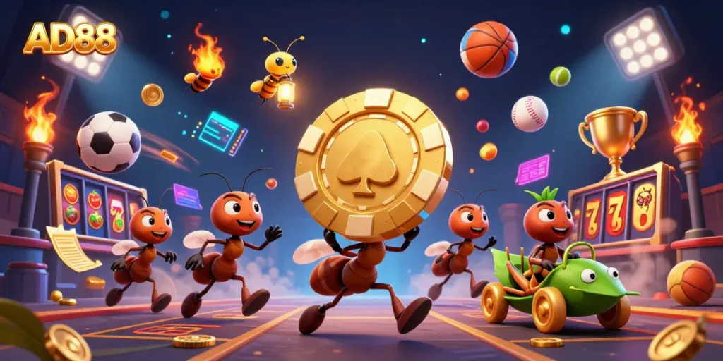 Win big at AD88 with a 3D cartoon heist scene featuring ants and sports elements