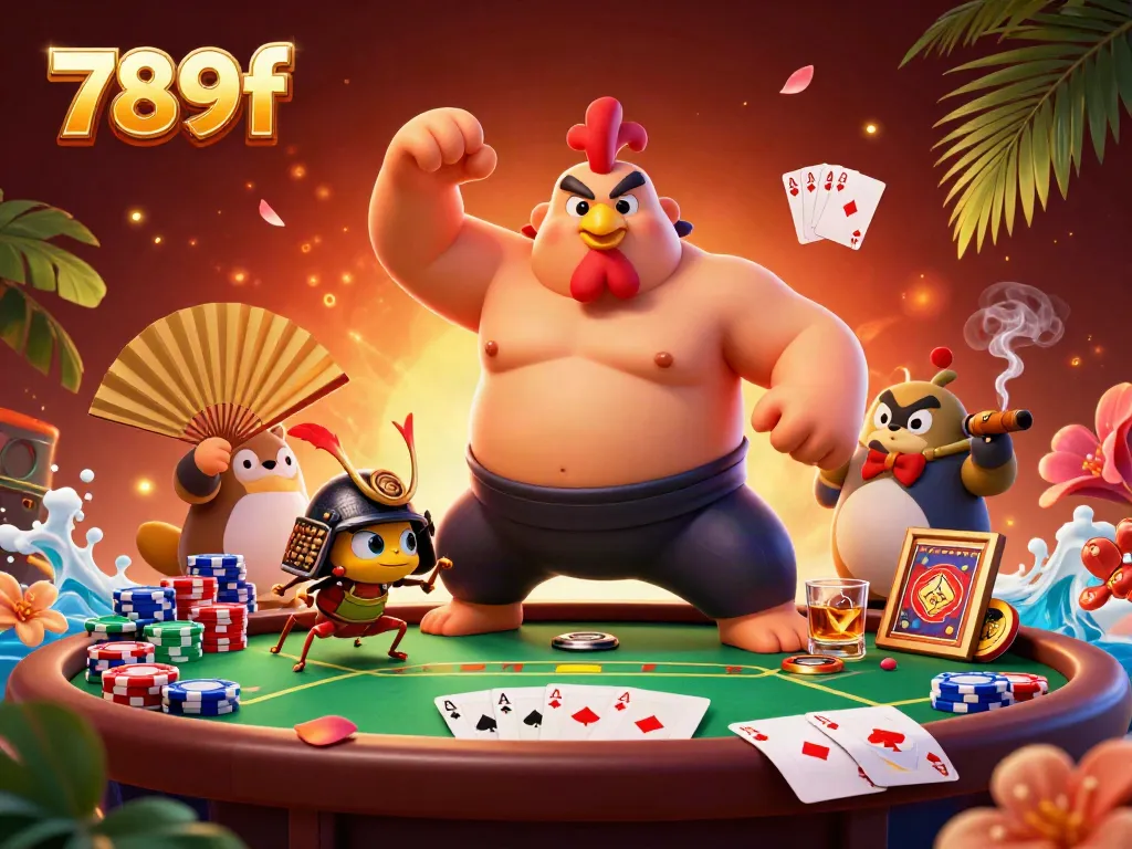 Join the excitement of 789f with a powerful sumo rooster, dynamic poker elements, and engaging details.