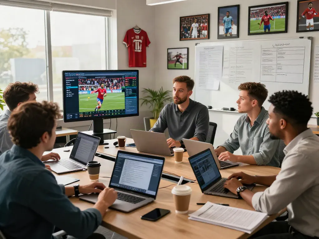 News reporters discussing ข่าวกีฬาฟุตบอล with monitors displaying live player transfer updates.