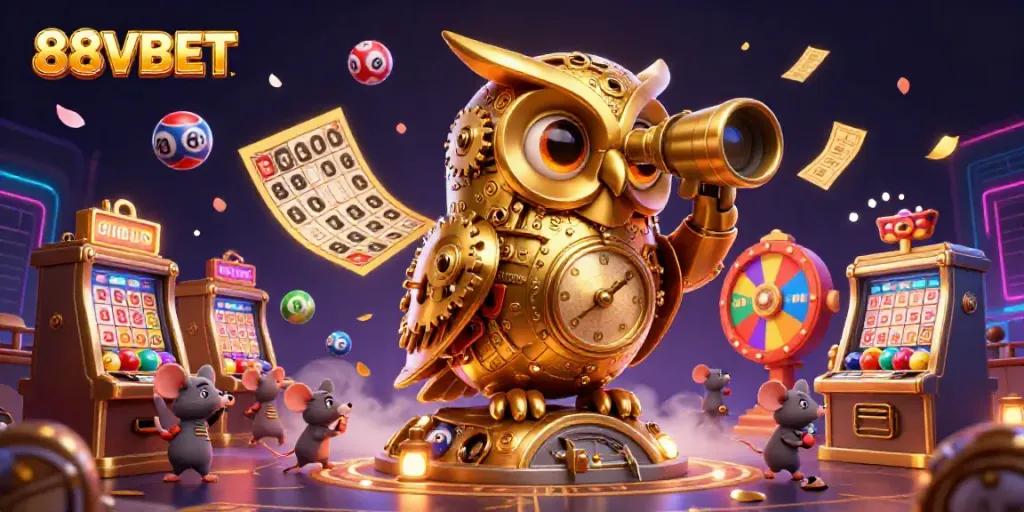 The captivating scene with the golden owl representing 88VBET mesmerizes players amid vibrant casino elements.