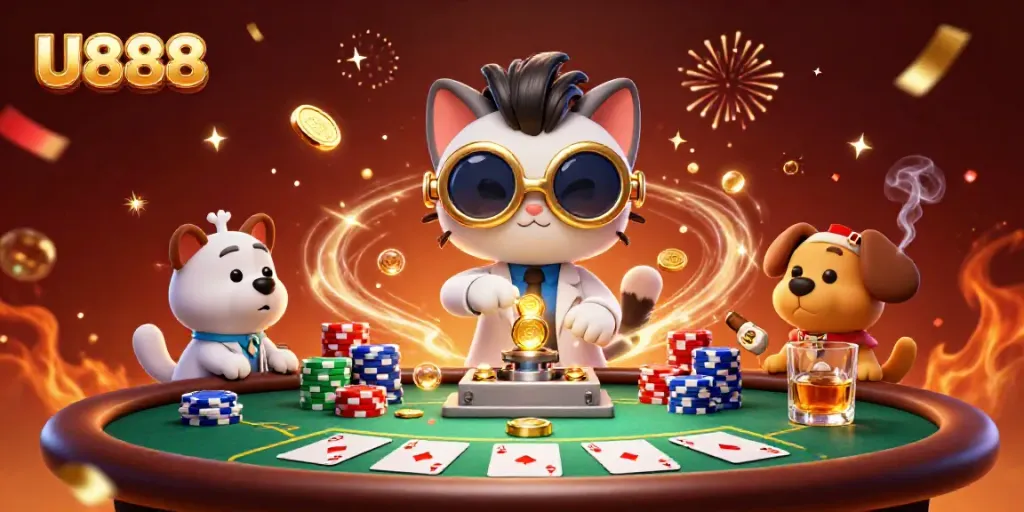Players enjoy thrilling U888 casino games in an engaging, vibrant digital illustration.