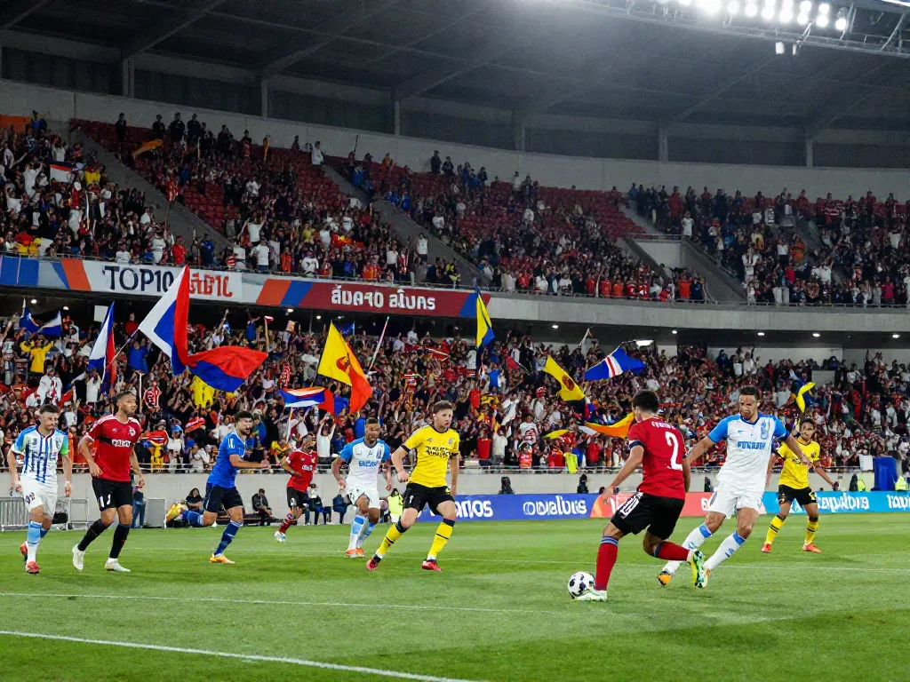 Exciting match scene showcasing TOP10 สโมสร with fans cheering and players in action, vibrant stadium atmosphere.