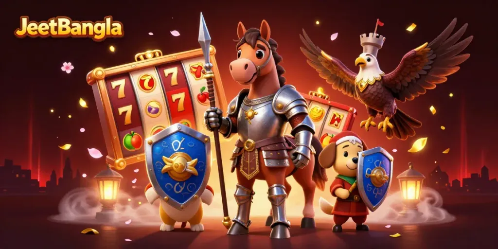 Experience the excitement at JeetBangla Casino with a vibrant scene of a knight and squire amidst colorful slot game elements.