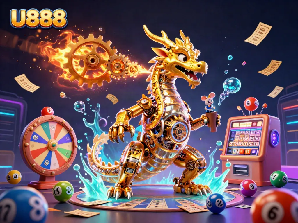 Engage with U888's vibrant lottery and casino action featuring a golden dragon and colorful balls.