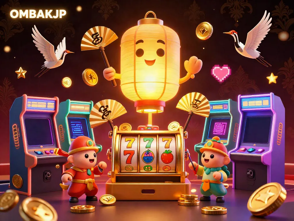 Engage in the magical casino world of OMBAKJP with vibrant 3D characters and energetic gaming elements.
