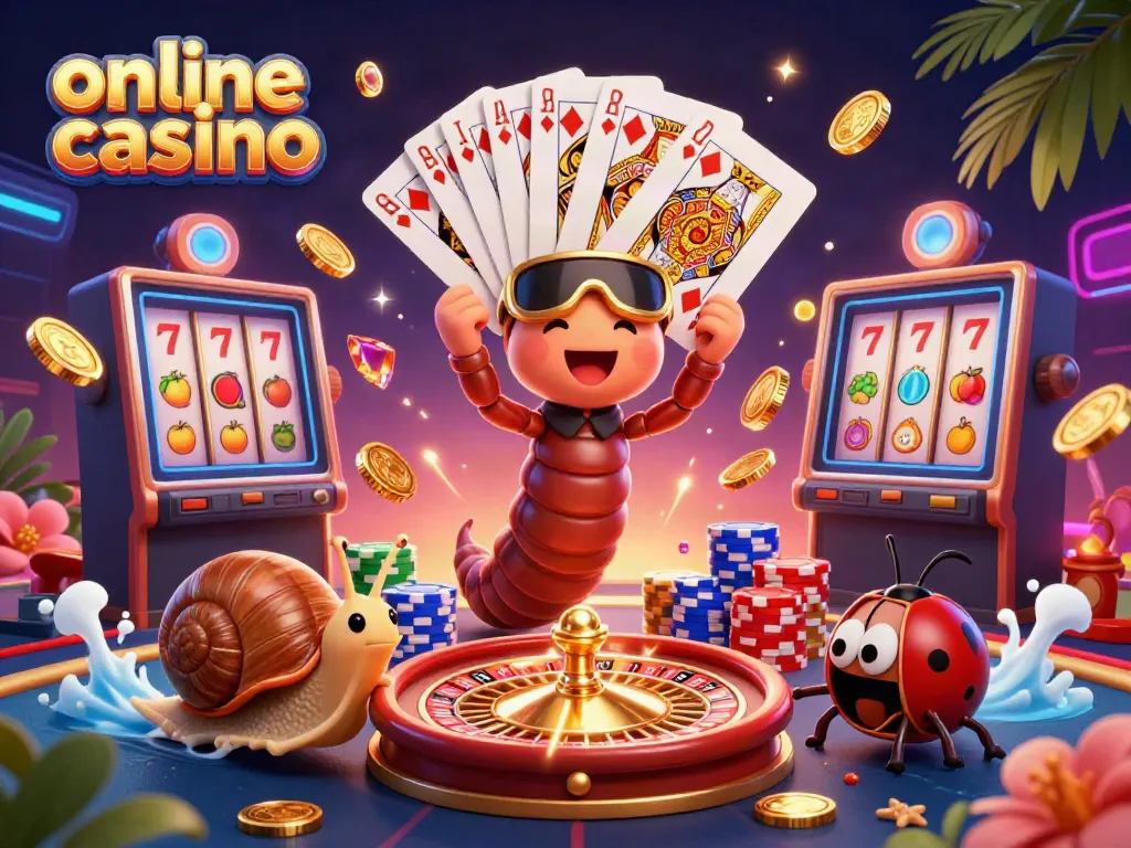 Experience excitement at an online casino with a millipede dealer, high-roller snail, and vibrant game elements.