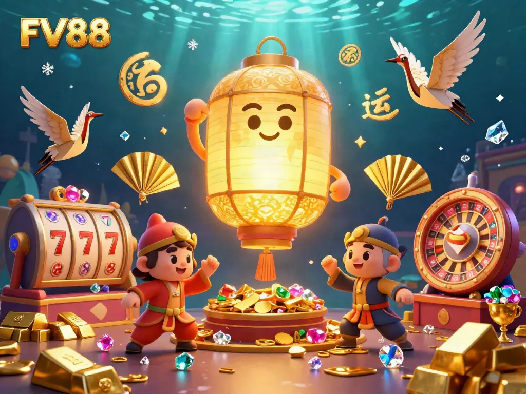 Get lucky with FV88 at this vibrant casino night market featuring golden treasures and lively characters.