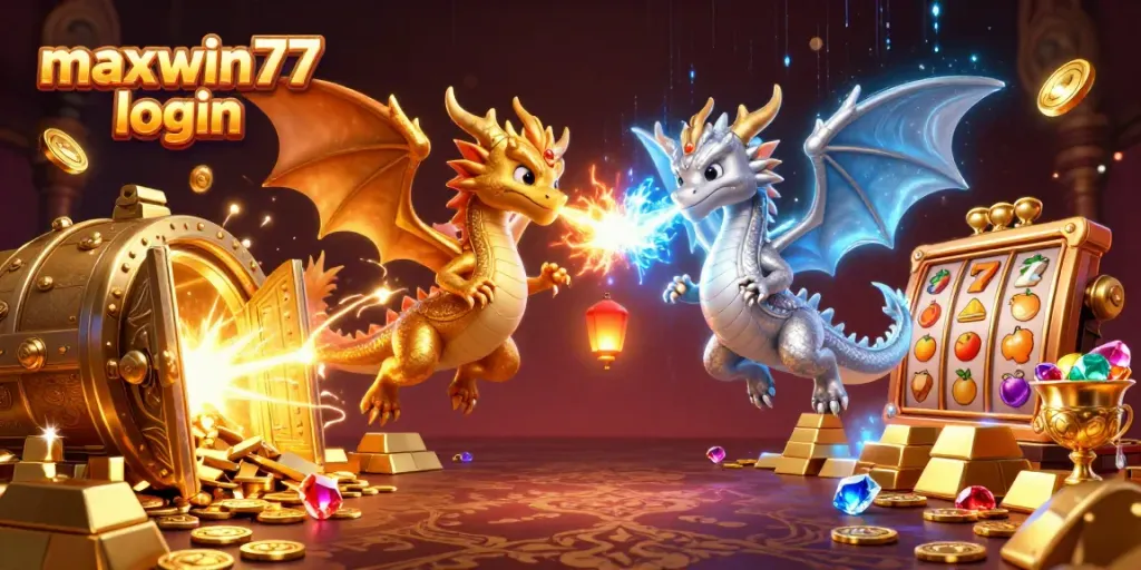 Experience thrilling maxwin77 login action with 3D dragons and sparkling treasures in a dynamic casino scene.