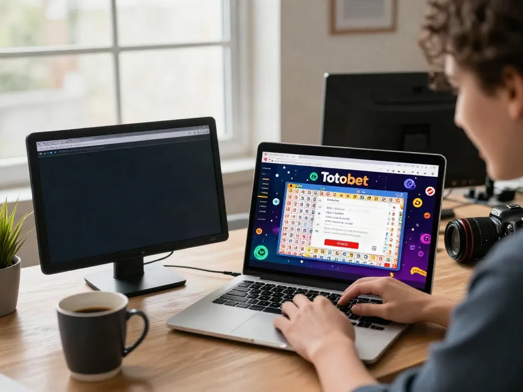 The immersive online lottery experience at https://totobet.net/ with exciting lottery graphics and a user engaged at a laptop.