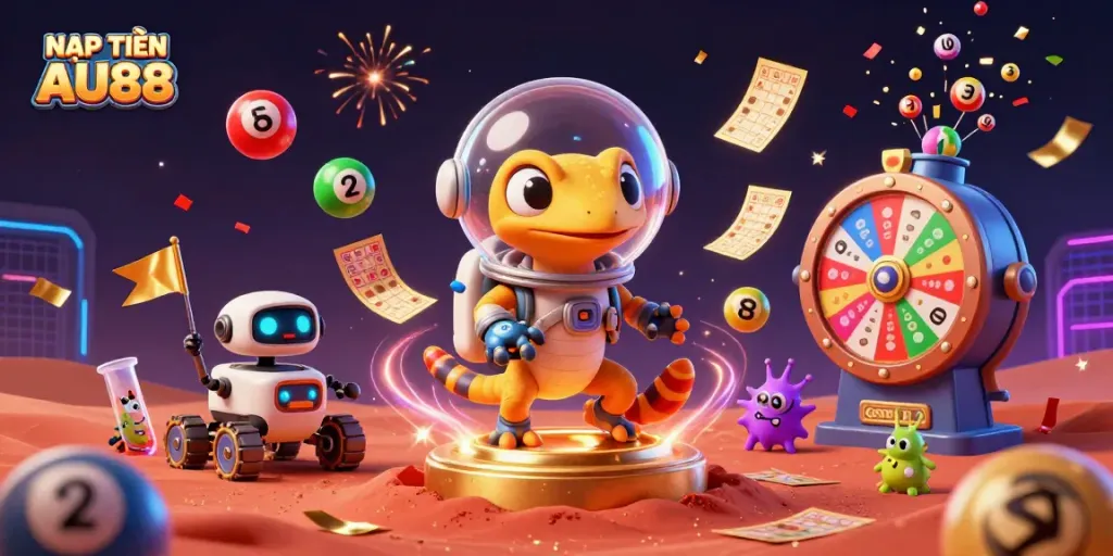 NẠP TIỀN AU88 - 3D Martian gecko and robot discover a golden casino, surrounded by vibrant gambling elements.