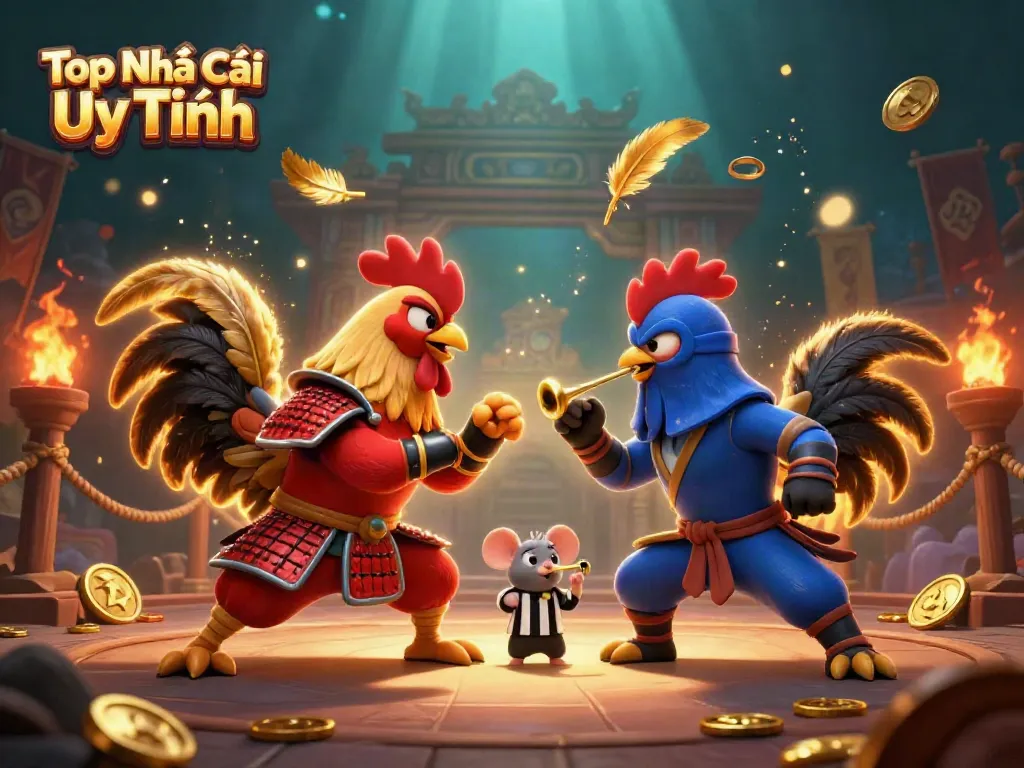 Engage in thrilling online battles at Top Nhà Cái Uy Tín with dynamic fighting roosters in a vibrant arena.