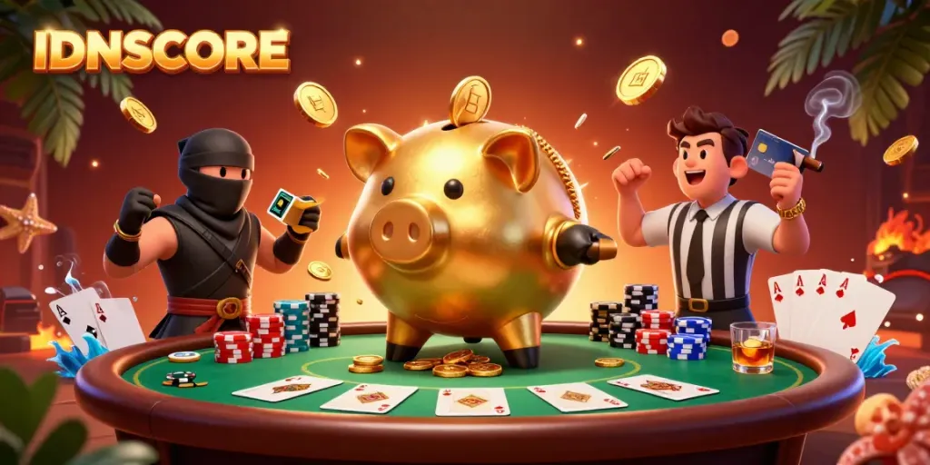 IDNSCORE features a sumo wrestler piggy bank in a dynamic casino scene rich with poker elements.