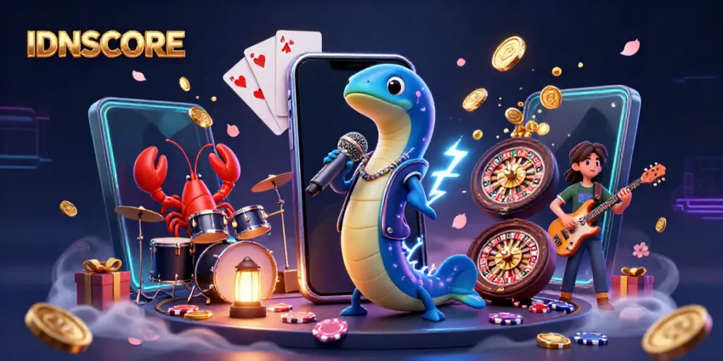 Experience the vibrant IDNSCORE underwater casino scene with a DJ electric eel and musical sea creatures.