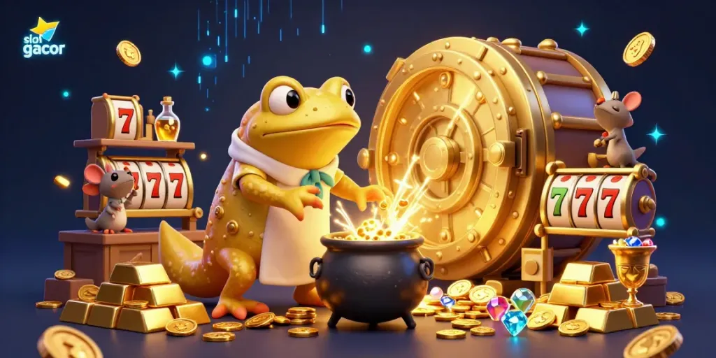 Engage with exciting slot gacor adventures in a magical 3D casino scene featuring gold coins and jackpots.