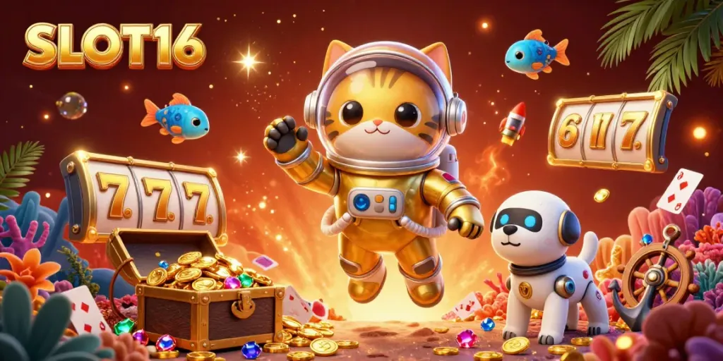 Engage with SLOT16's exhilarating slot experience featuring a cat astronaut and vibrant treasures.