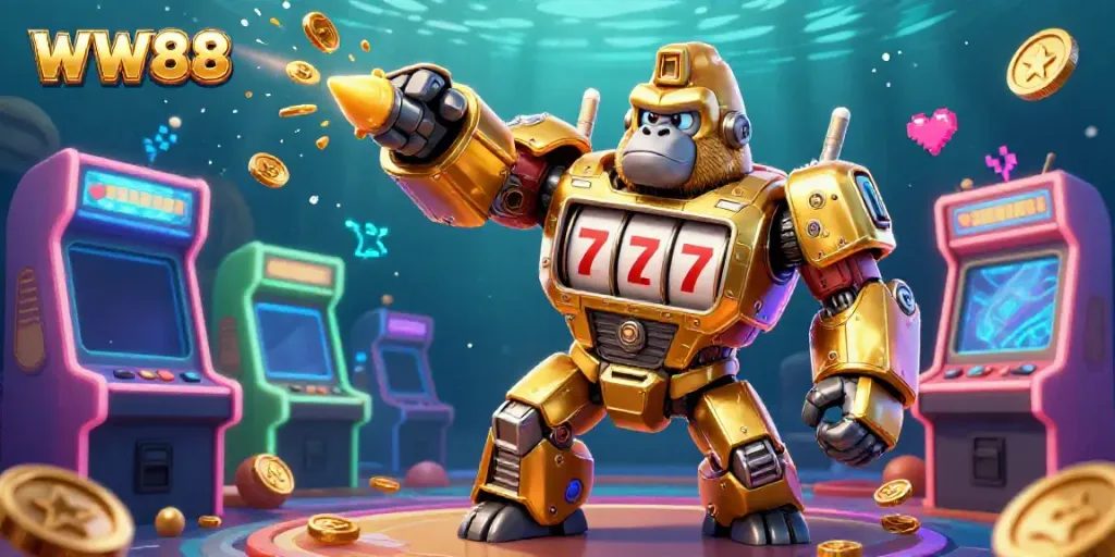 Experience the excitement of WW88 with a dynamic 3D illustration of a golden gorilla mech and casino elements, capturing the thrill of gaming.