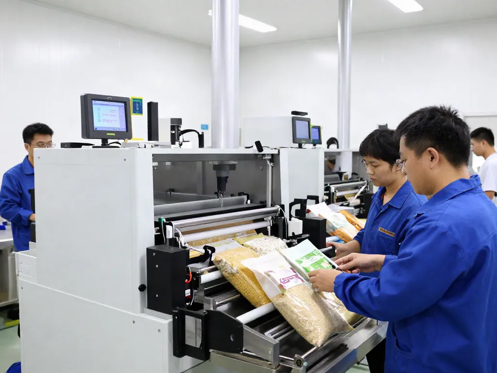 Automatic bagging machine manufacturers showcase advanced packaging solutions in a vibrant industrial setting.