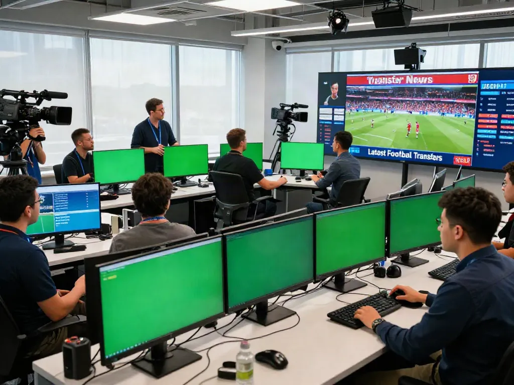 Latest football transfer updates being discussed in a vibrant newsroom setting.