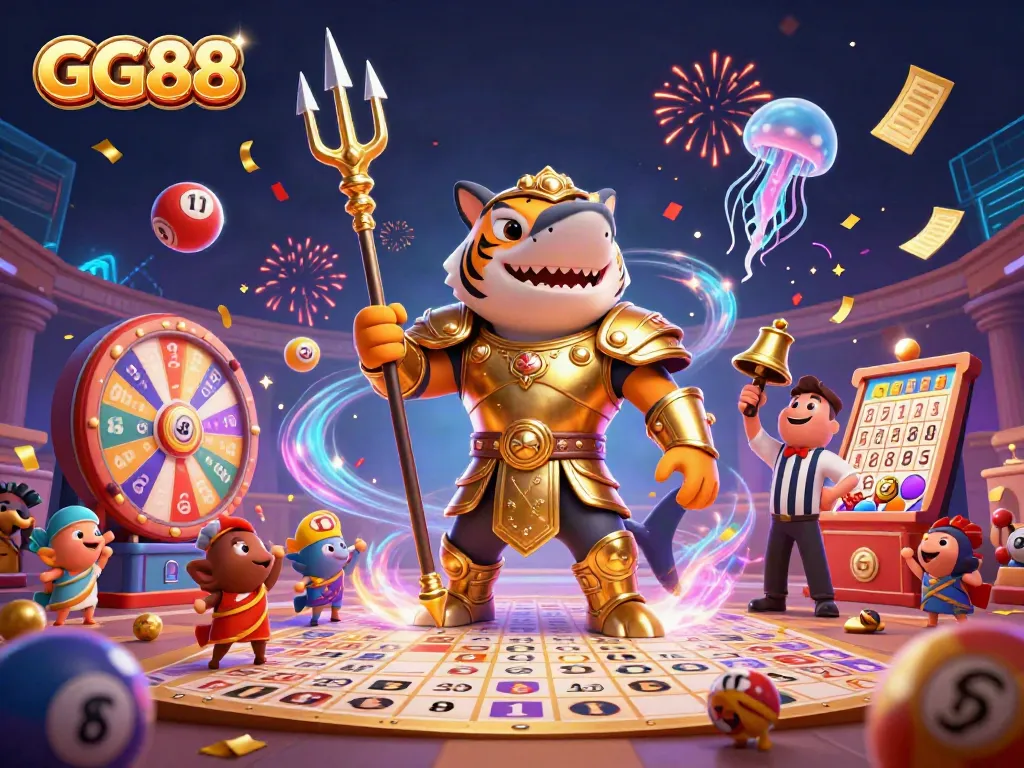 Experience the thrill of GG88 with a cartoon tiger shark in an underwater casino atmosphere.