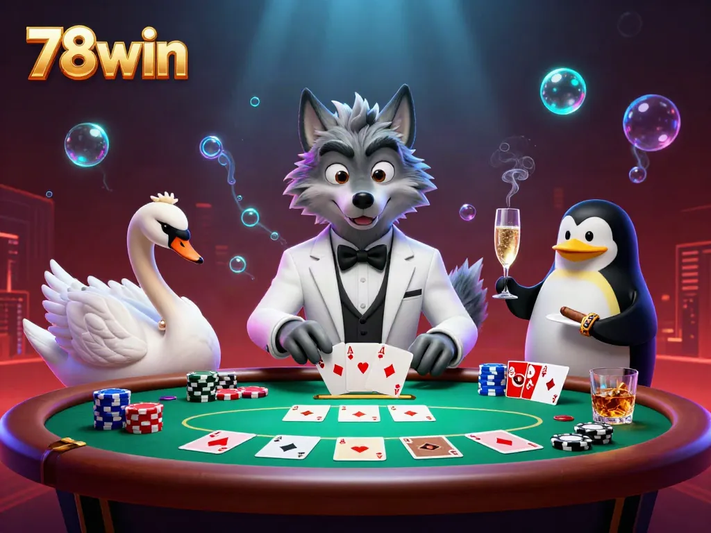 Experience a thrilling 78win casino scene with an elegant wolf, swan, and penguin characters.