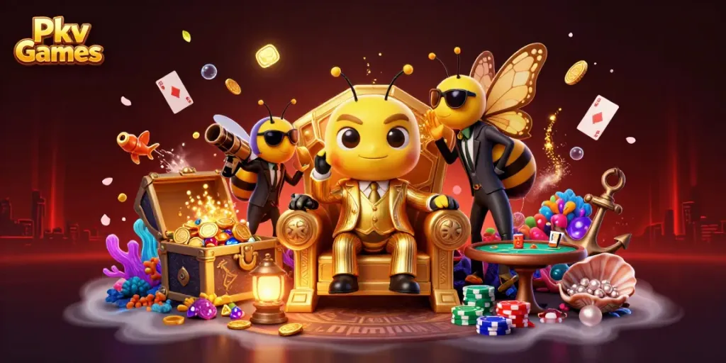 Experience exciting poker action with Pkv Games as a bumblebee mob boss leads the game in a vibrant casino.