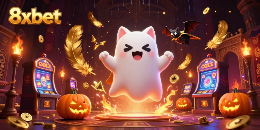 Experience thrilling gameplay with 8xbet as a ghost cat and vampire bat explore a haunted casino.