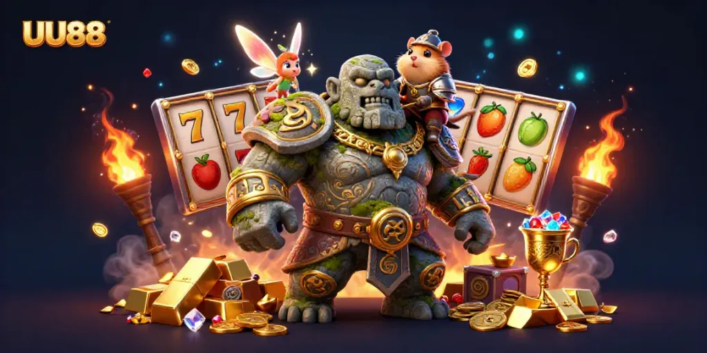Experience thrilling slots with UU88 featuring vibrant characters and gold treasures in a dynamic casino scene.