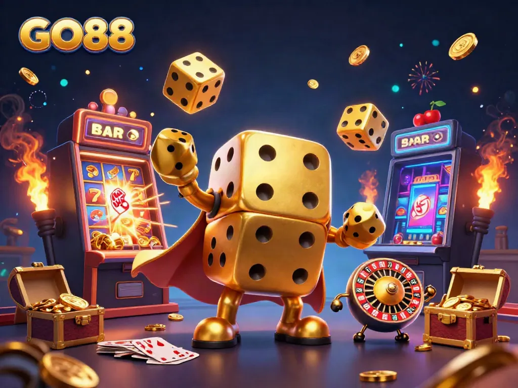 Experience the excitement of GO88 with vibrant casino elements, including golden dice and a jackpot!