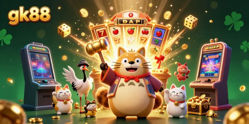 Experience the thrill of gk88 casino with cheerful characters celebrating a jackpot explosion.