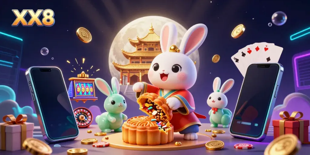Experience the excitement of XX8 as a moon rabbit reveals poker chips from mooncakes in this vibrant casino scene.