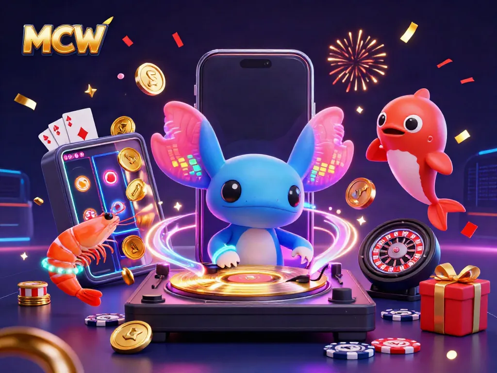 MCW-themed vibrant casino scene featuring a neon axolotl DJ and dynamic casino elements.