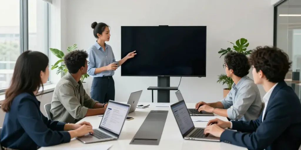 Team of professionals using AI writing tools for local businesses in a modern office.