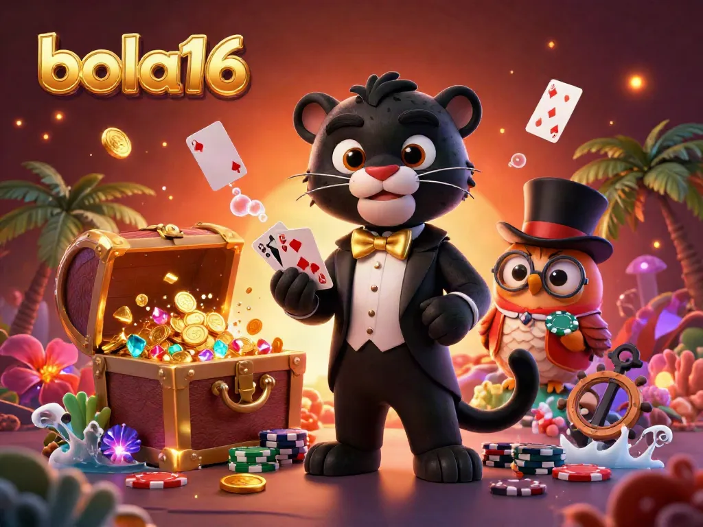 Join the excitement at bola16 with vibrant gaming characters and treasures in a stunning 3D casino scene.