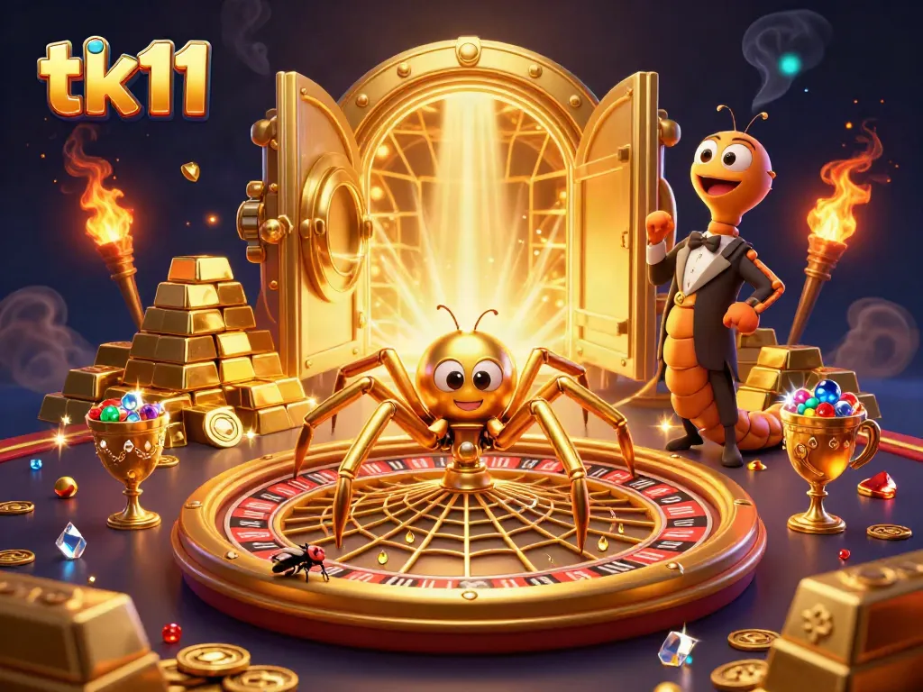 Engage in thrilling bets at tk11 with an animated golden roulette wheel scene featuring lively characters.