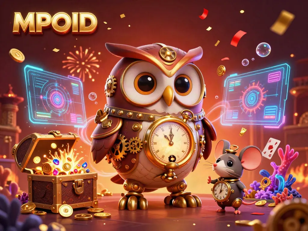MPOID offers a vivid casino experience with a steampunk owl and a clockwork mouse, surrounded by glittering treasures.