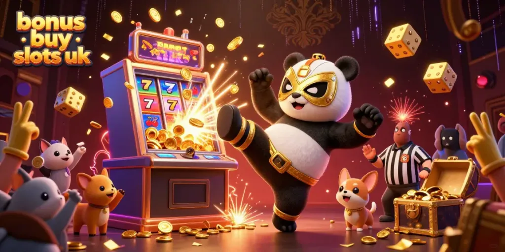 Vibrant scene showcasing bonus buy slots uk with a panda wrestler and cheering animal fans, amidst a jackpot explosion.