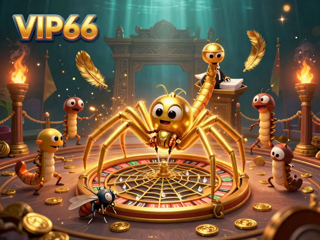 Experience the thrill at VIP66 with a 3D scene of a golden spider spinning a roulette wheel web.