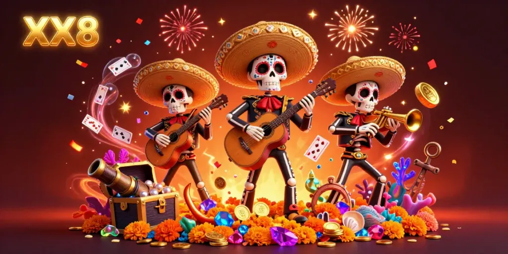 Engage in thrilling gameplay at XX8 with vibrant mariachi skeletons celebrating around a treasure-filled scene.