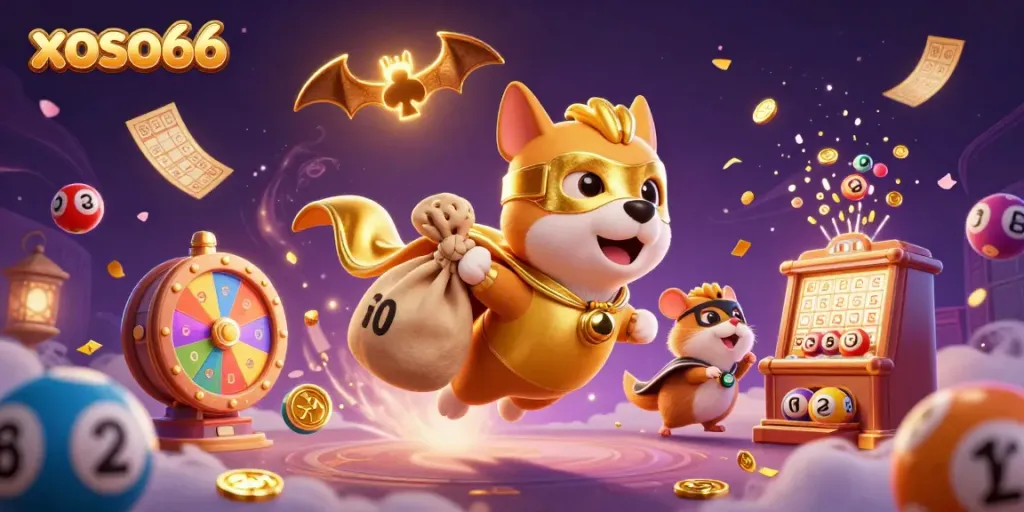 Engage in thrilling gaming adventures with xoso66 as a superhero dog and hamster bring fortune amidst colorful elements.