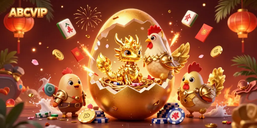 Engage in high-stakes betting with ABCVIP as a golden dragon guardian emerges from its treasure of poker chips.