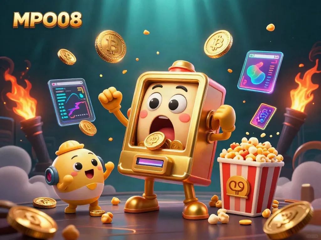 Witness the MPO08 golden slot machine hitting a jackpot, surrounded by baby slots and crypto symbols.