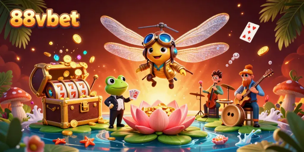 Engage with vibrant 88vbet gaming scene featuring a dragonfly pilot and frog dealer, with dazzling game elements