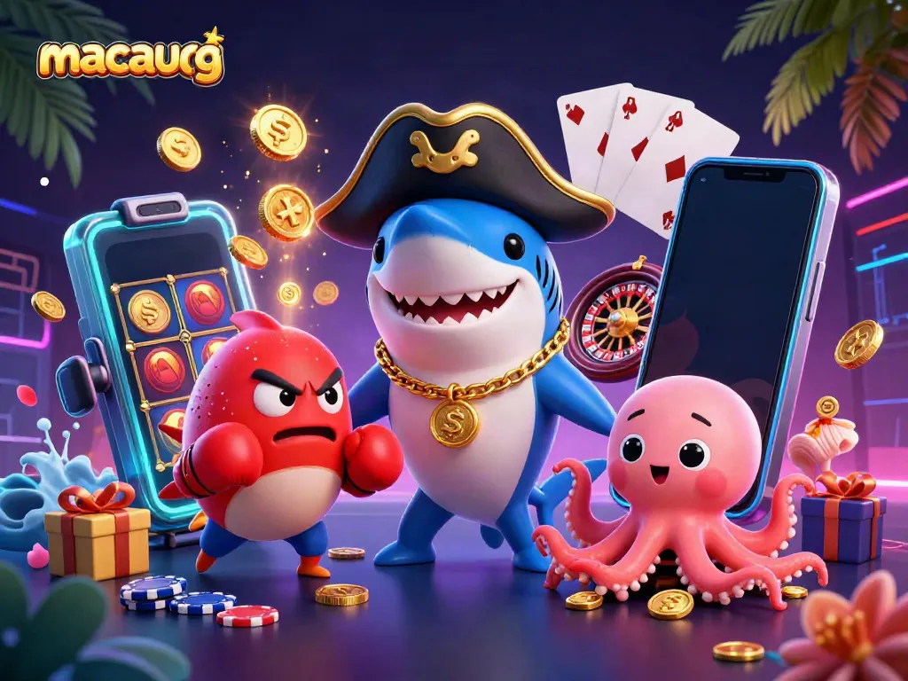 Engage with macaugg through vibrant 3D casino characters celebrating wins with gold coins and games.