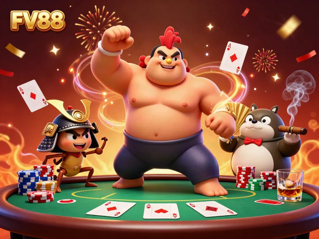 Experience the excitement of FV88 as characters engage in thrilling poker action amidst celebrations and vibrant visuals.