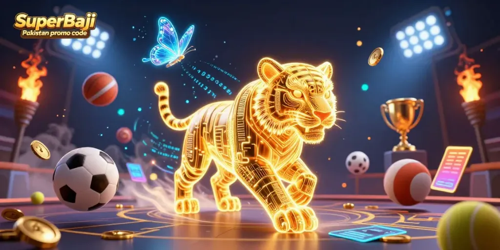 Claim exciting rewards with SuperBaji Pakistan promo code, featuring dynamic casino elements and vibrant visuals.