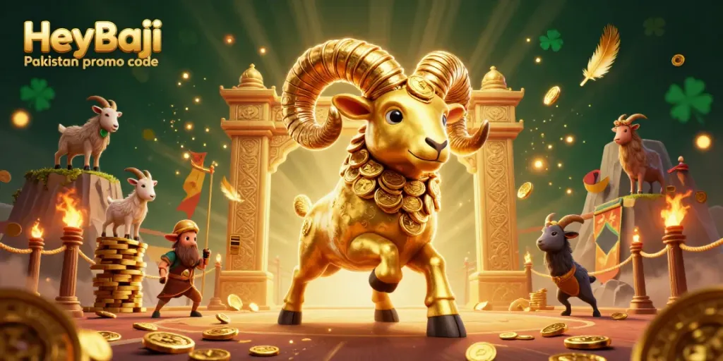 Engage with the exciting HeyBaji Pakistan promo code scene featuring a massive golden ram charging through a dynamic casino environment