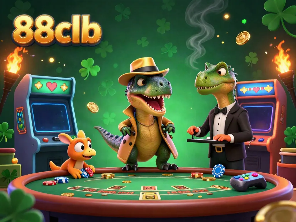 Experience thrilling gaming adventures with 88clb's vibrant casino scene featuring a clever velociraptor at the blackjack table.